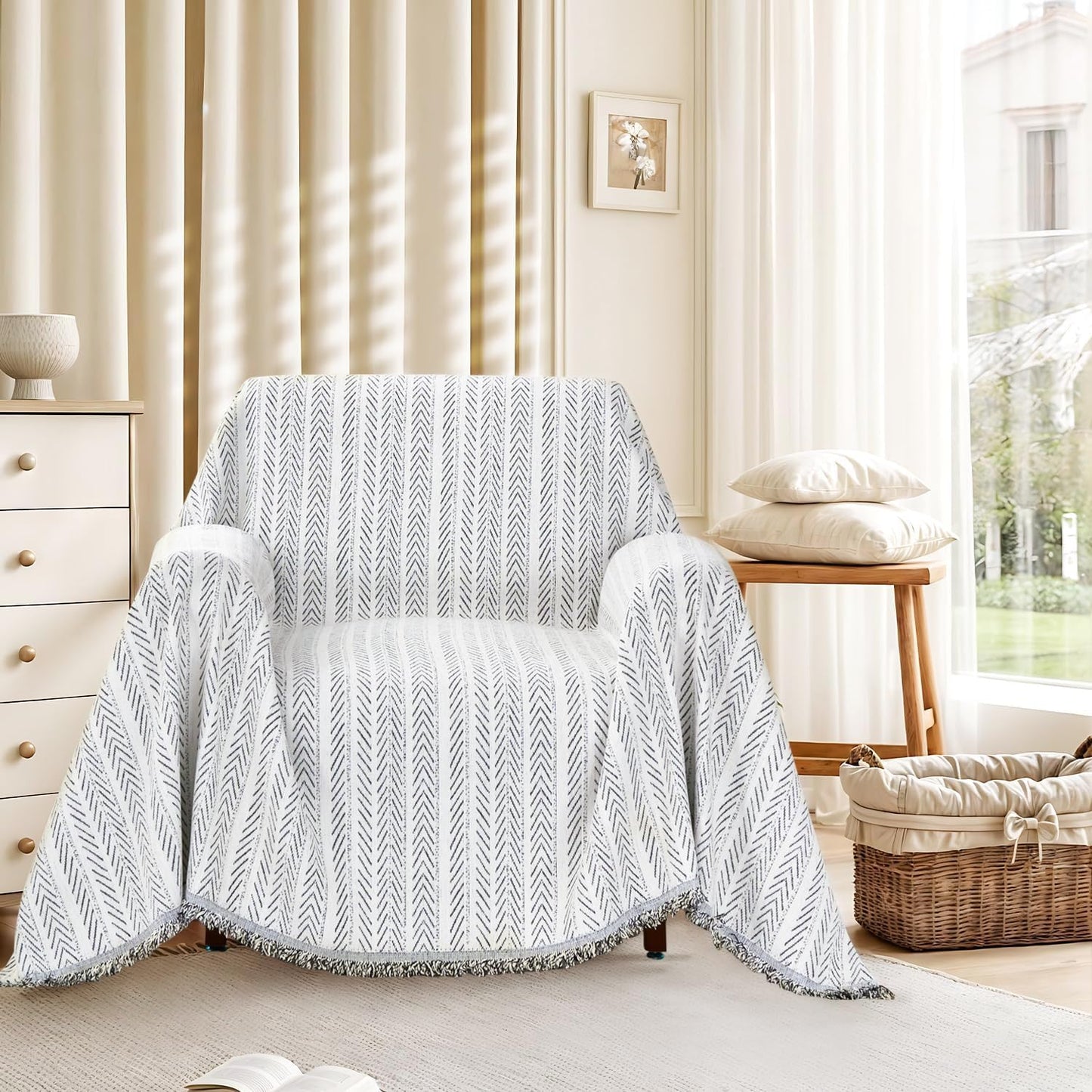 Nobildonna Sofa Chair Cover Waterproof Soft Thicken Chenille Cushion Couch Cover with Tassels,Washable Sofa Slipcovers for Armchair Recliner Sectional Furniture Protector, Beige 71"x71"