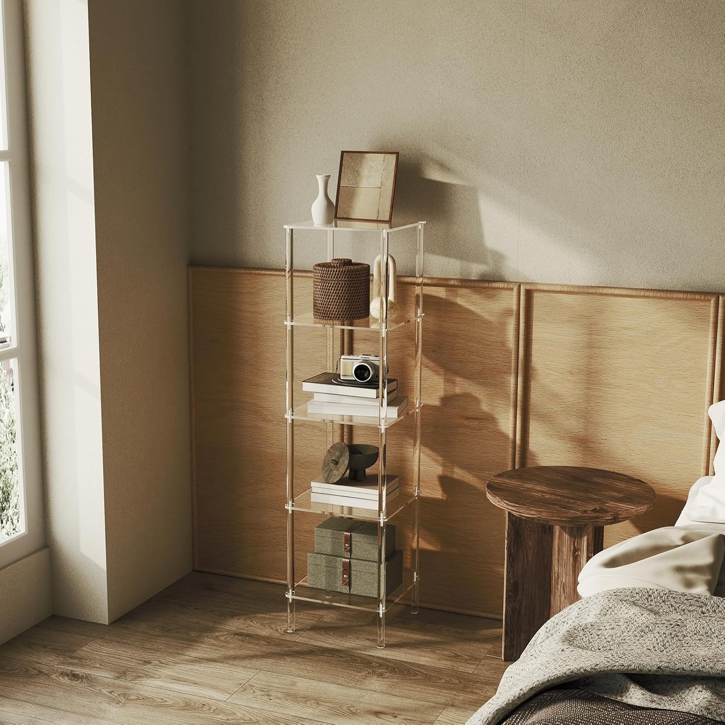 5 Tier Square Acrylic Bookshelf, Small Bookcase with Acrylic Fittings for Fixing to Wall, Corner Display Shelf for Living Room, Bedroom, Bathroom, Small Spaces, Clear, 11.6'' W x 44'' H