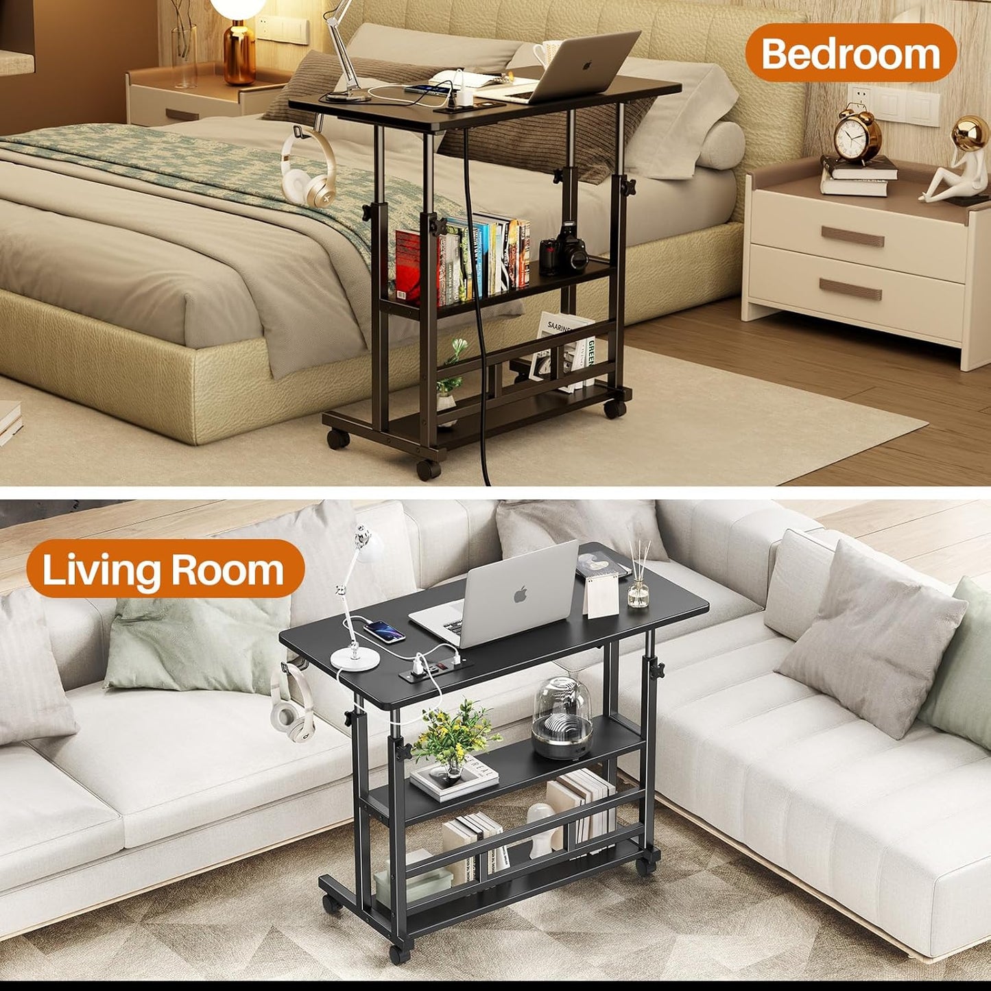 Adjustable Height Standing Desk with Power Outlets, Rolling Stand Up Desk with Storage Shelves, 31.5" Small Mobile Computer Desk, Portable Laptop Table (Black)