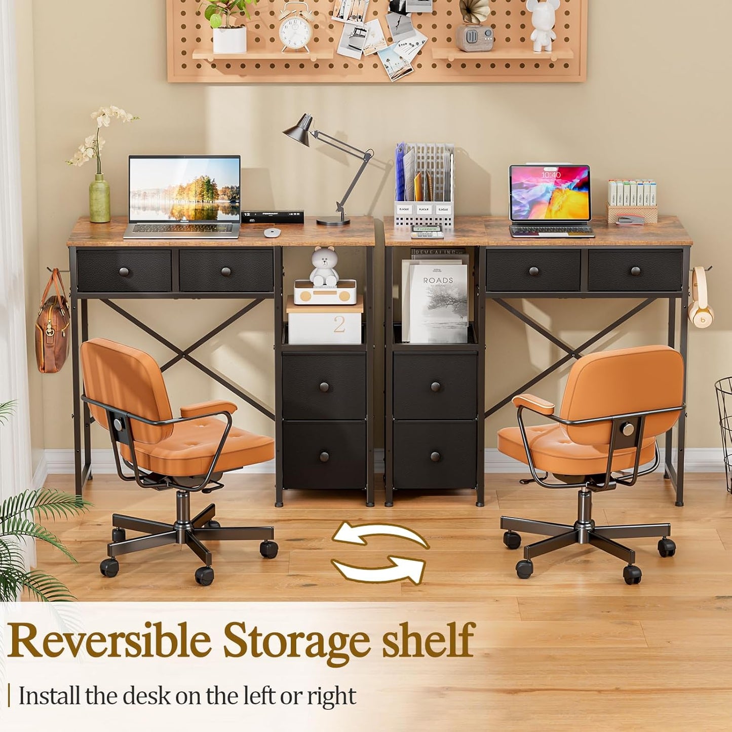 Small Computer Desk with 4 Fabric Drawers, Simple Writing Desk for Home Office, Compact Study Desks for Small Spaces, Kids Desk Study for Bedroom, Rustic Brown