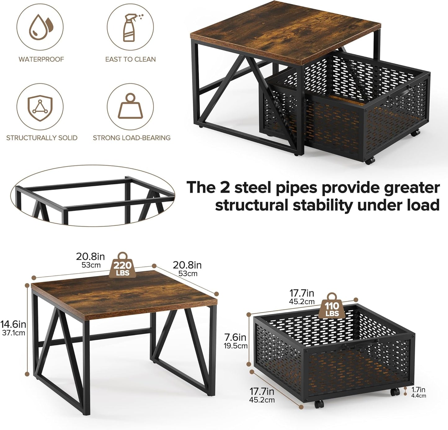 Urban Deco Mini Fridge Stand with Storage, Heavy Duty Fridge Cart with Drawer Basket, Mini Refrigerator Table for 220 LBS, Mobile Fridge Stand with Swivel Wheels for Dorm,Office,Home, Retro Brown
