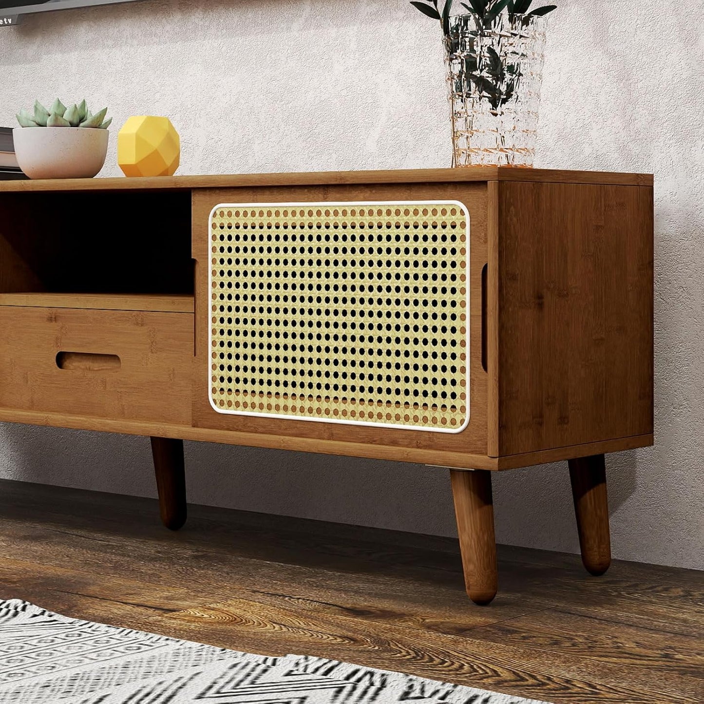 HollyHOME Bamboo TV Stand with Storage for TVs up to 65", Modern Entertainment Center with Rattan and Drawer, Accent TV Table with 2 Shelf, Media Console Cabinet for Living Room, Bedroom, Walnut