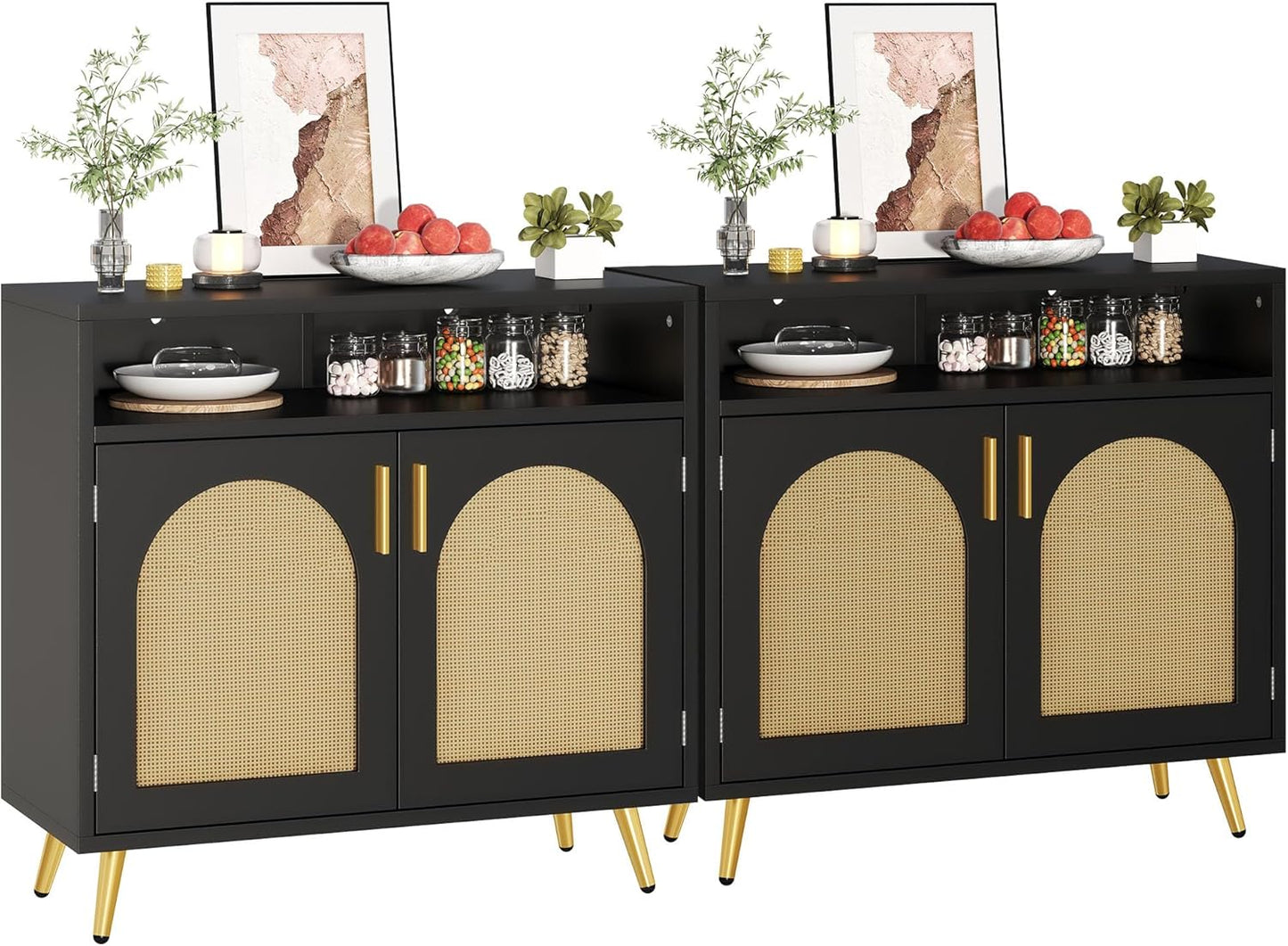 DWVO Buffet Cabinet with Storage, Black Sideboard Cabinet w/Rattan Decorated Doors, Modern Coffee Bar Cabinets w/Adjustable Shelves for Kitchen & Living Room, Set of 2