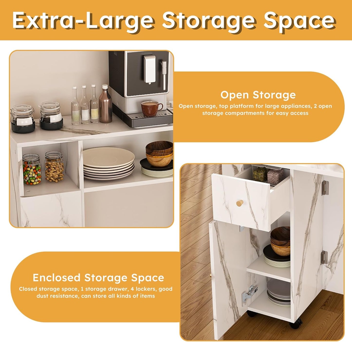 Ball & Cast Multifunctional Folding Dining Table with Wall-Mounted Sideboard & Storage,Wood Kitchen Island w/Four-in-one Socket and Silent Wheels,Space-Saving,Easy to Assemble,for Dining Room,White