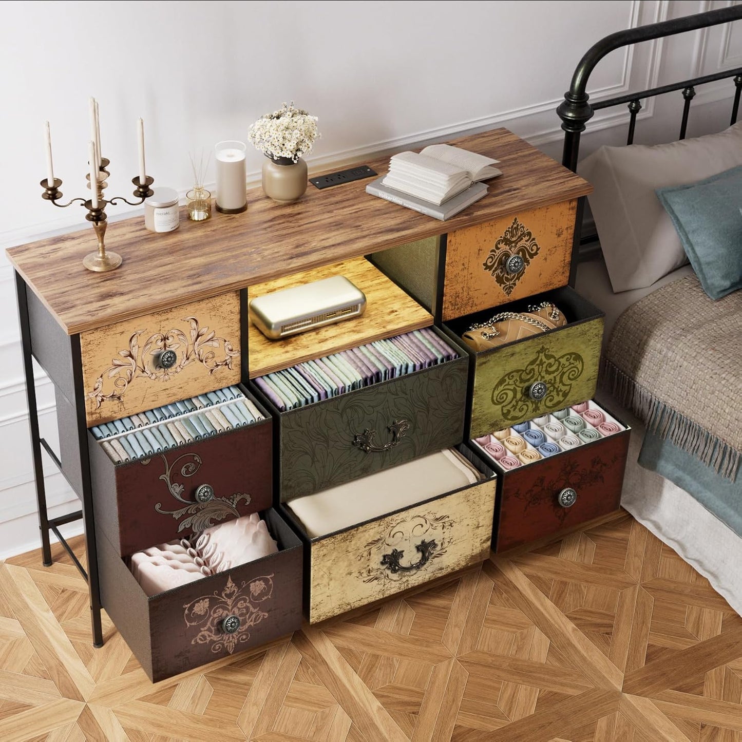 Pattern Dresser with LED Lights and Power Outlets, Dresser TV Stand with 8 Drawers for 55" TV, Fabric Chest of Drawers for Bedroom, Living Room, Entryway