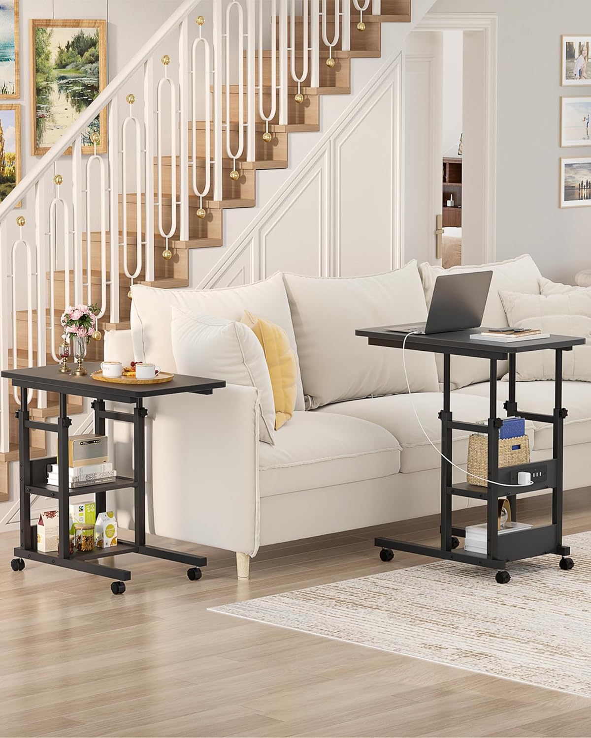 Height Adjustable End Table with Charging Station, Mobile C Shaped Laptop Side Table with Wheels, 3-Tier Sofa Couch Table with Storage Shelve for Living Room Bedroom, Black