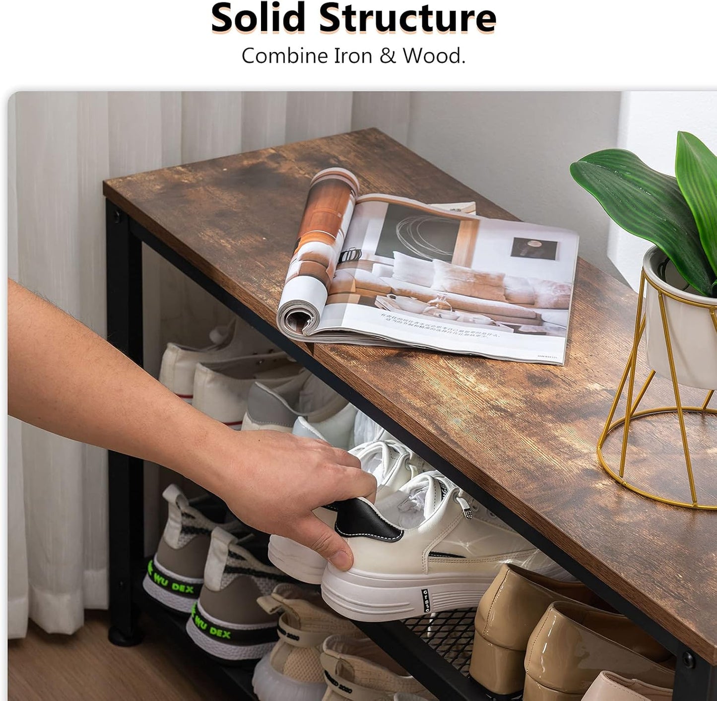 Apicizon Shoe Rack, 35.5 Inches 3-Tier Shoe Rack for Entryway with Long Seat and Metal Shelves for Garage, Industrial Storage Bench with Steel Structure for Living Room, Bedroom, Mudroom, Rustic Brown