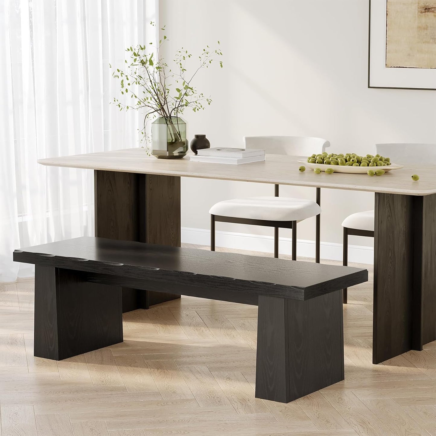 LITTLE TREE 47-Inch Wooden Entryway Bench, Farmhouse Dining Bench with Sturdy Frame for Dining Room, Bedroom, Living Room Hallway Kitchen, Easy Assembly (Black)