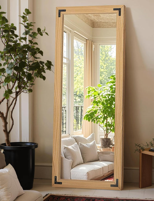 Full Length Mirror with Wooden Frame, 65"X24" Solid Wood Standing Floor Mirror for Farmhouse, Bathroom, Bedroom, Hanging or Leaning Wall-Mounted(Natural)