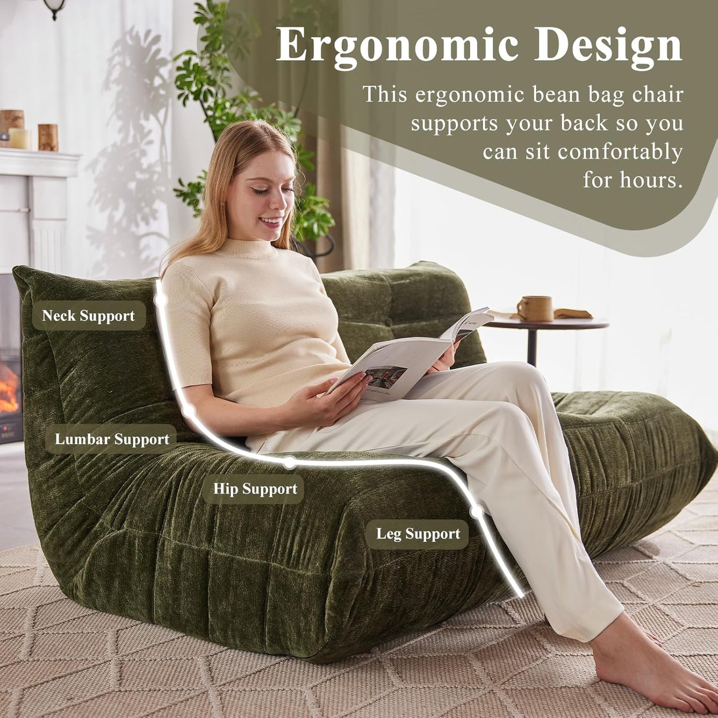 Bean Bag Chair, Loveseat Fireside Chair Large Bean Bag Sofa for Adults, Memory Foam Two Seater Couch Gaming Chairs with Comfy Design, Lazy Floor Sofa for Living Room, Bedroom, Olive Green