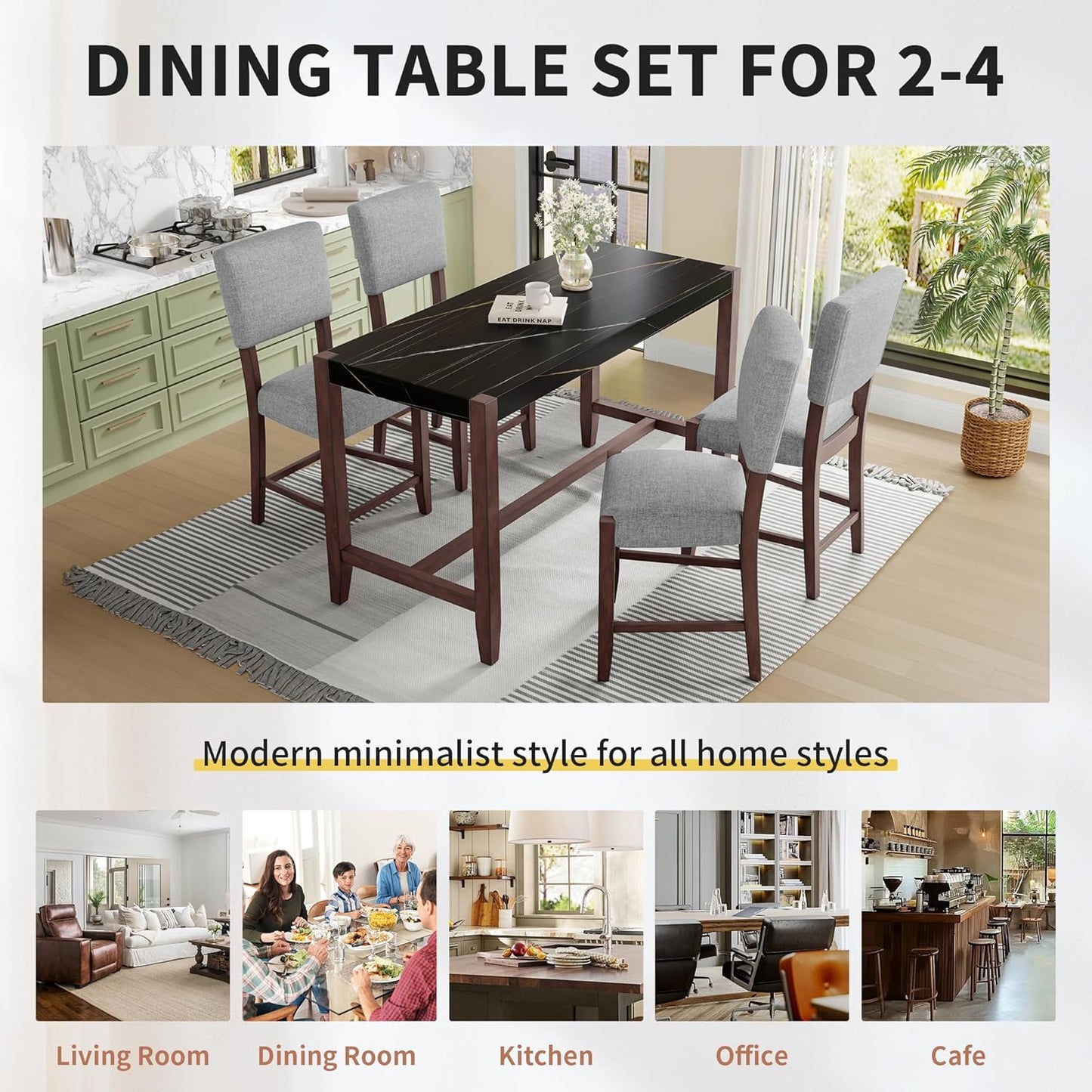 Ball & Cast 5-Piece Dining Table Set for 4,Kitchen Table Set W/Faux Marble Bar Table,Counter Height Living Room Furniture W/ 4 Upholstered Chairs,for Dining Room,Pub Kitchen,Small Place,Black+ Gray