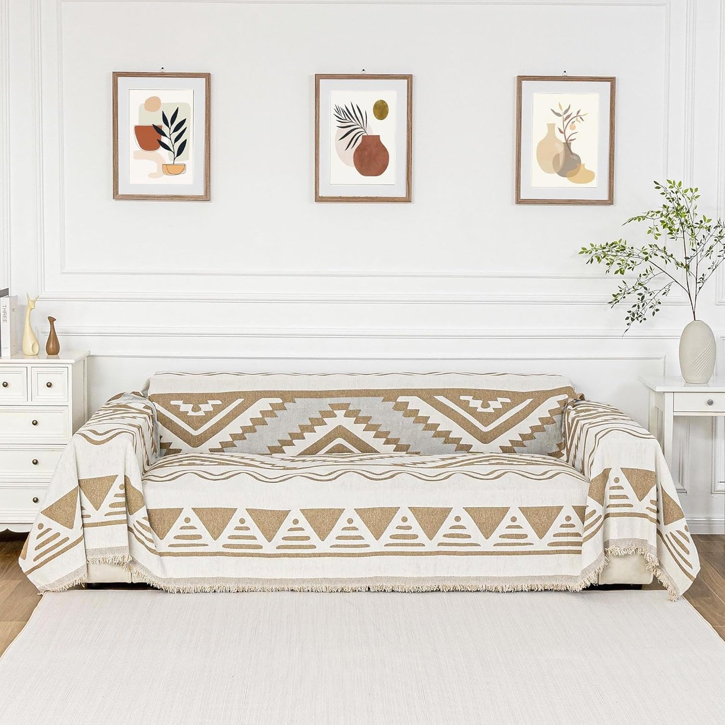 MYSKY HOME Sectional Couch Cover Khaki Boho Geometric Sofa Covers for Sectional Sofa L Shape Chenille Couch Protector for Dogs Pets Couch Throw Cover Washable Durable for Home Decor, 71" X118"