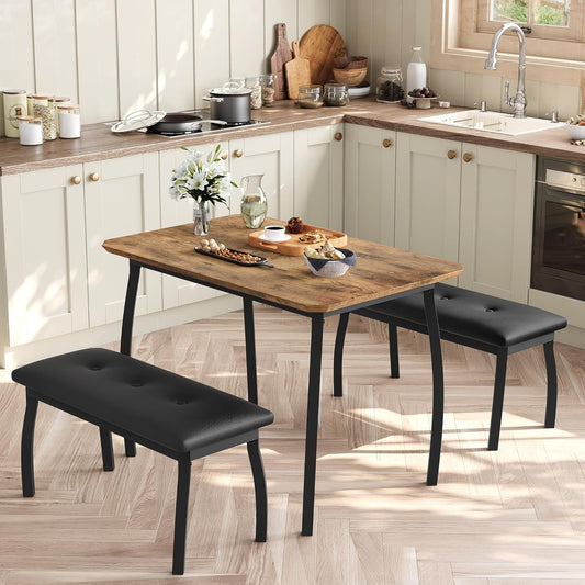 GAOMON Dining Table Set for 4, Metal Frame Kitchen Table Set with 2 Upholstered Bench, 3 Piece Dining Room Table Furniture for Apartment, Studio, Home, Easy Assembly, Retro Brown