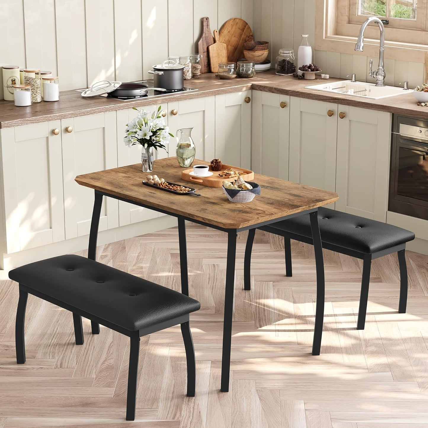 3 Piece Farmhouse Dining Table Set for 4, Compact Rustic Kitchen Table with 2 Padded Benches, Space Saving Breakfast Nook Furniture Set for Small Spaces, Apartments, Vintage