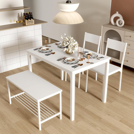 SogesHome Dining Table Set with 2 Chairs and 1 Bench, Bar Set Kitchen Table and Chairs for Dining Room Resturant Bistro Set, Pure White