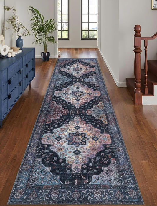 Tangsoo 2x10 Washable Runner Rug for Hallways, Non Slip Vintage Runner Soft Low Pile Long Rug Runner, Print Distressed Navy/Mlulti Carpet Runners for Kitchen Bedroom Entryway Bathroom Living Room