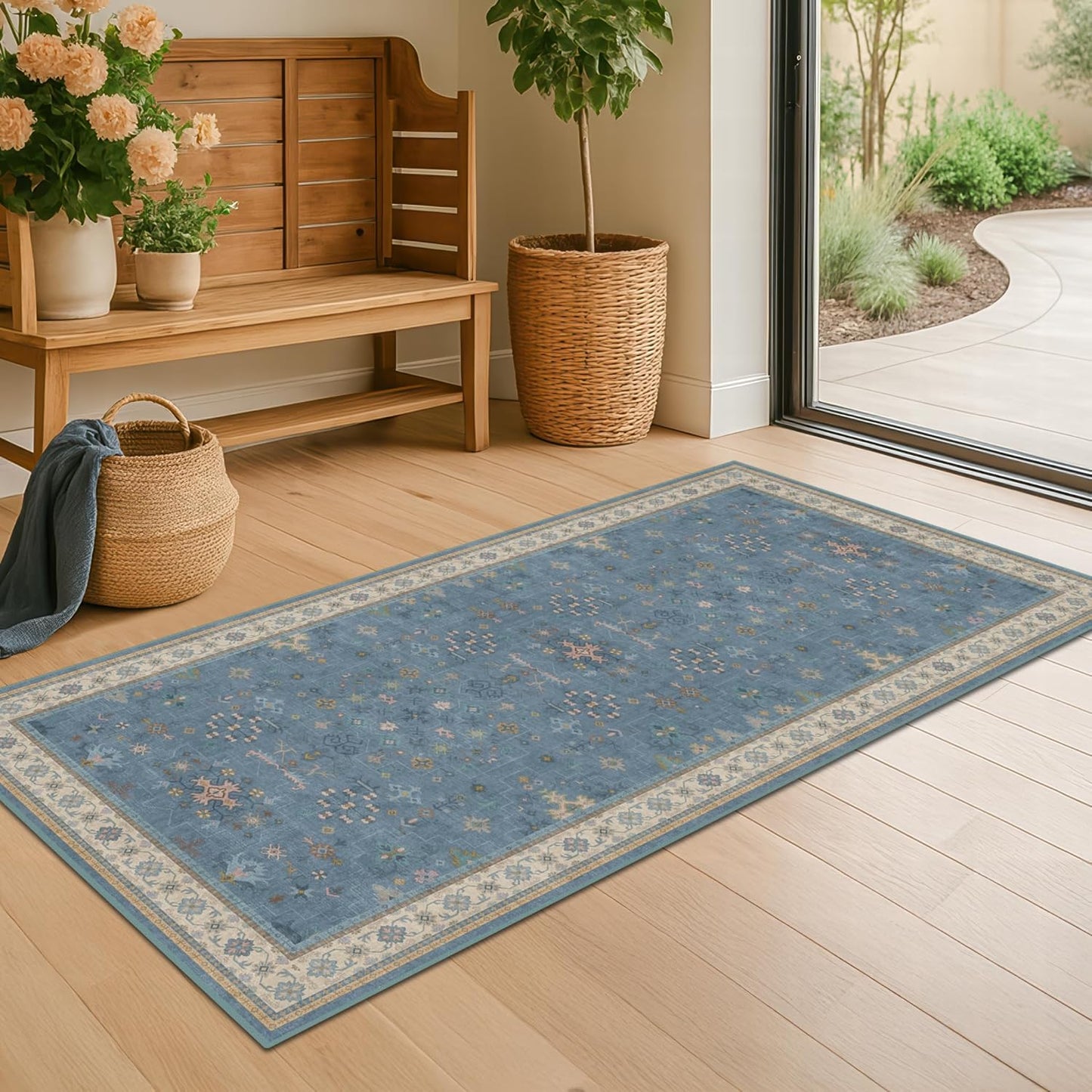 Blue 2x4 Runner Rug for Entryway Indoor, Kitchen Floor Waterproof, Bathroom, Powder Room, Washable Non Slip Low Pile Stain & Fade Resistant, Modern Eclectic Floral Decor