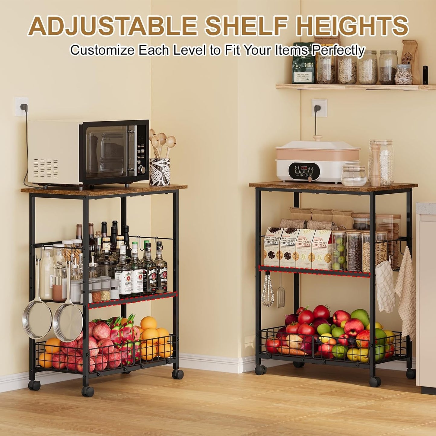 Rolling Kitchen Microwave Stand, 3-Tier Microwave Cart Table with Wood Top and Wire Basket, Coffee Bar Table on Lockable Wheels, Small Baker’s Rack Shelf Organizer for Kitchen, Dining Room, Office