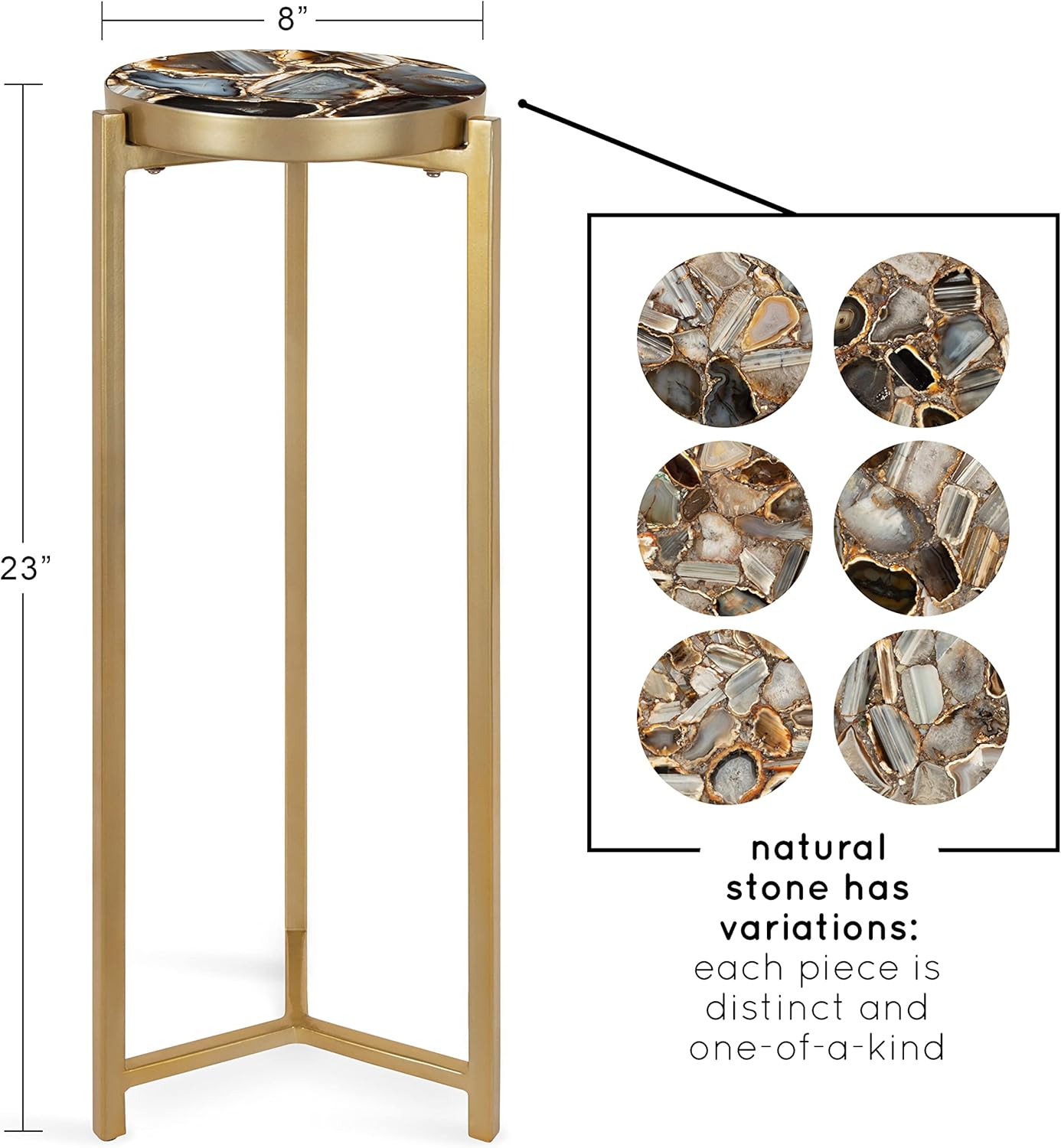 Kate and Laurel Aguilar Glam Drink Table, 8" x 8" x 23", Gold, Transitional Tea Table and Plant Stand with Agate Tabletop
