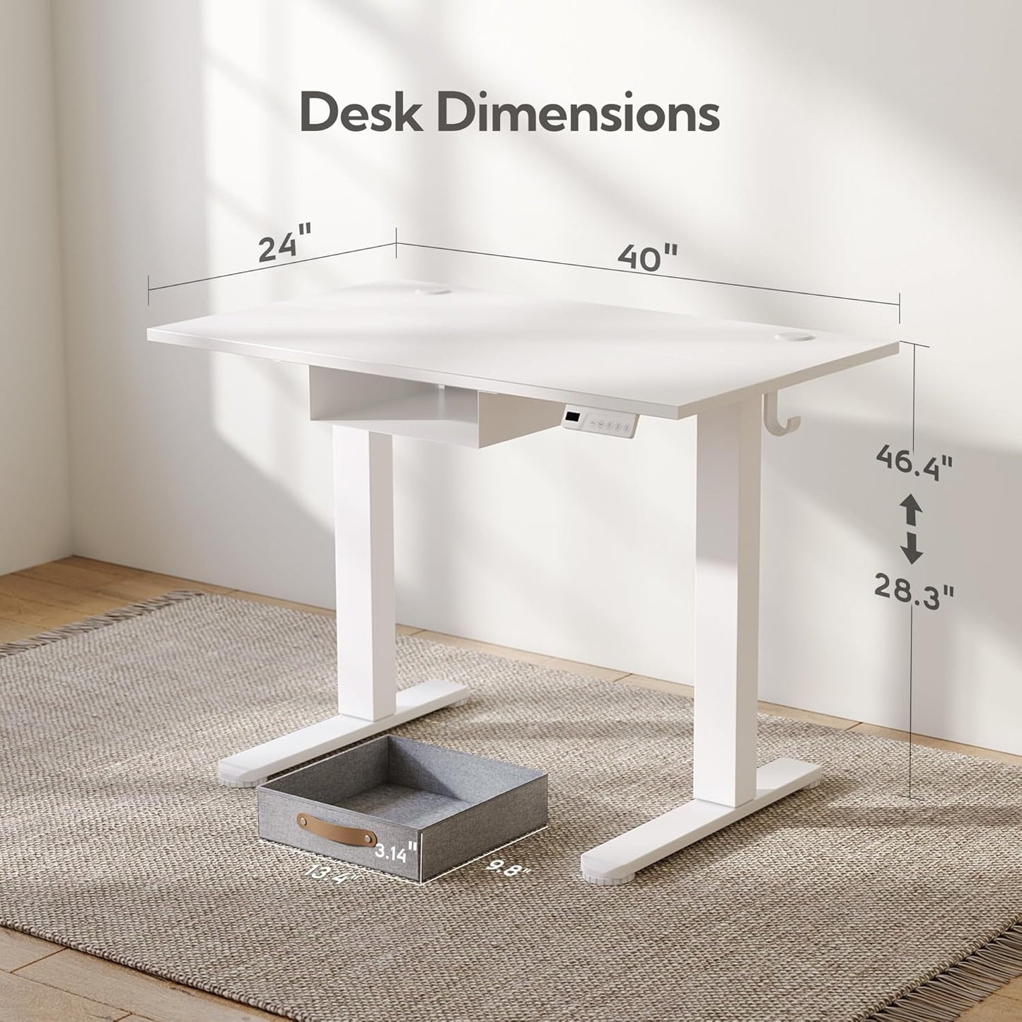 Seang Standing Desk with Drawer, 40" x 24" Height Adjustable Stand Up Desk, 3 Memory Height Settings with Cable Grommets & Storage Hooks, Ideal for Home & Office, White