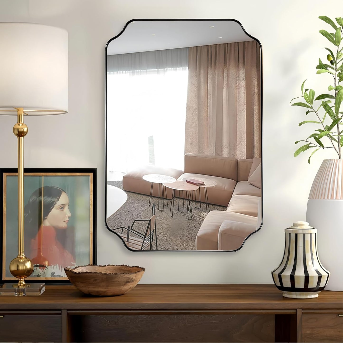 Black Wall Mirror, 24"x36" Black Scalloped Mirror, Unique Curved Edge Design, Anti-Rust SUS304 Frame, Hangs Vertical or Horizontal