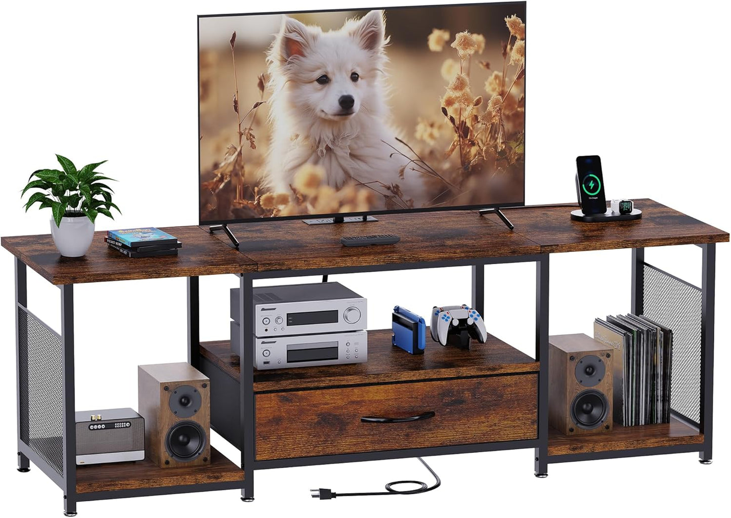 TV Stand with Drawers and Power Outlet for 65 60 55 Inch TV, Entertainment Center with Open Storage Shelves, Industrial Media TV Console Table for Living Room Bedroom Office, Rustic Brown