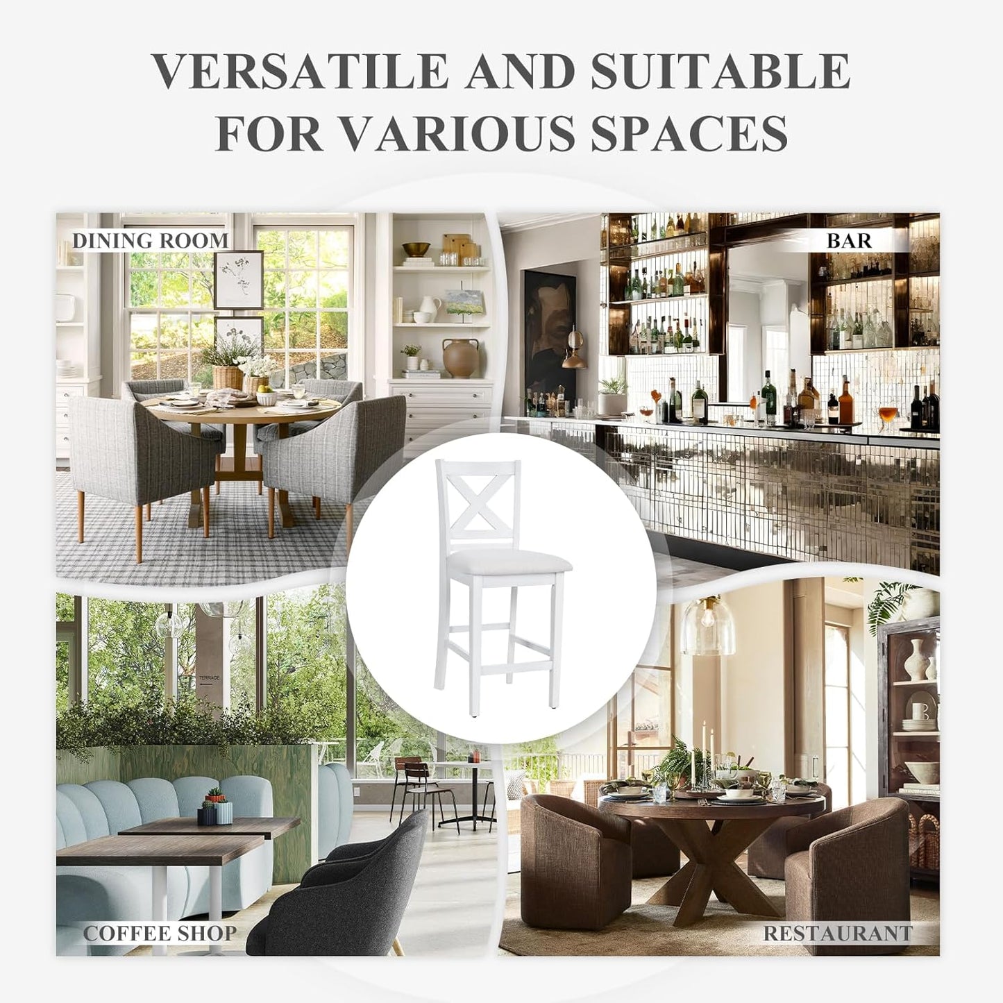 Upholstered Counter Height Bar Stools Set of 2, Modern Kitchen Island Barstools Chairs with Cross Back and Wood Legs for Dining Room Bar, Grey White Wash