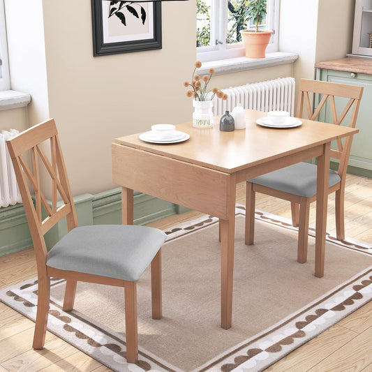 Merax Farmhouse Wood 3-Piece Multifunctional Dining Set, 45.6 inch Extendable Table with Drop Leaf, 2 Upholstered Chairs for Kitchen, Small Space, Natural