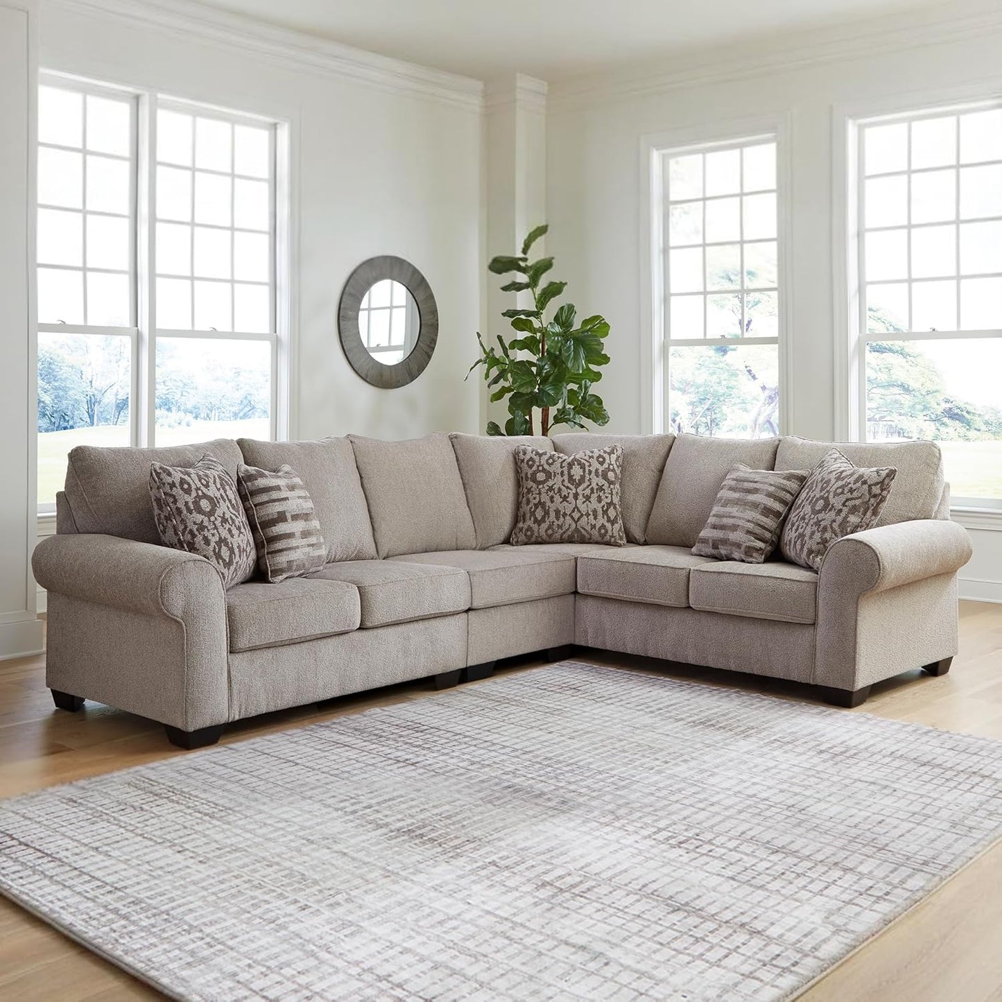 Signature Design by Ashley Claireah Casual L-Shaped 3-Piece Sectional with Loose Seat Cushions and 5 Accent Pillows, Beige