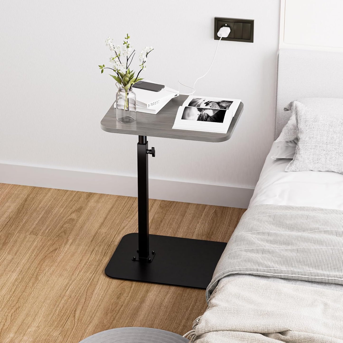 Side Table Sofa Tray for Couch Heavy Metal Base Swivel/Adjustable Height, Sofa Bed Bathroom Study TV Tray C Shaped End Table Food Snack Trays for Eating