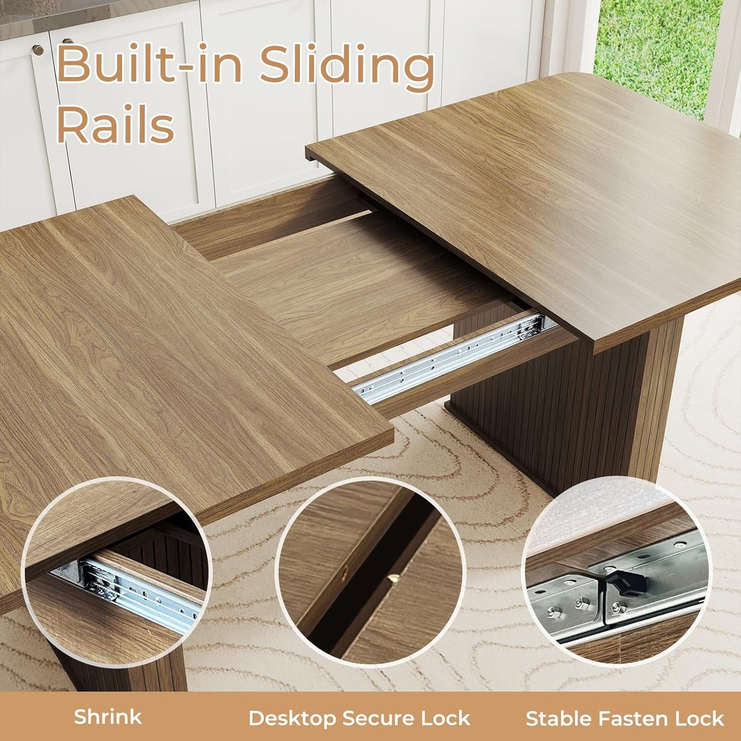 63"-78.7" Expandable Dining Table, 6-10 Farmhouse Kitchen Table, Extendable Dining Table, Rectangular Table with Metal Track, Widened Wood Striped Legs for Dining Room, Office-Beige Brown