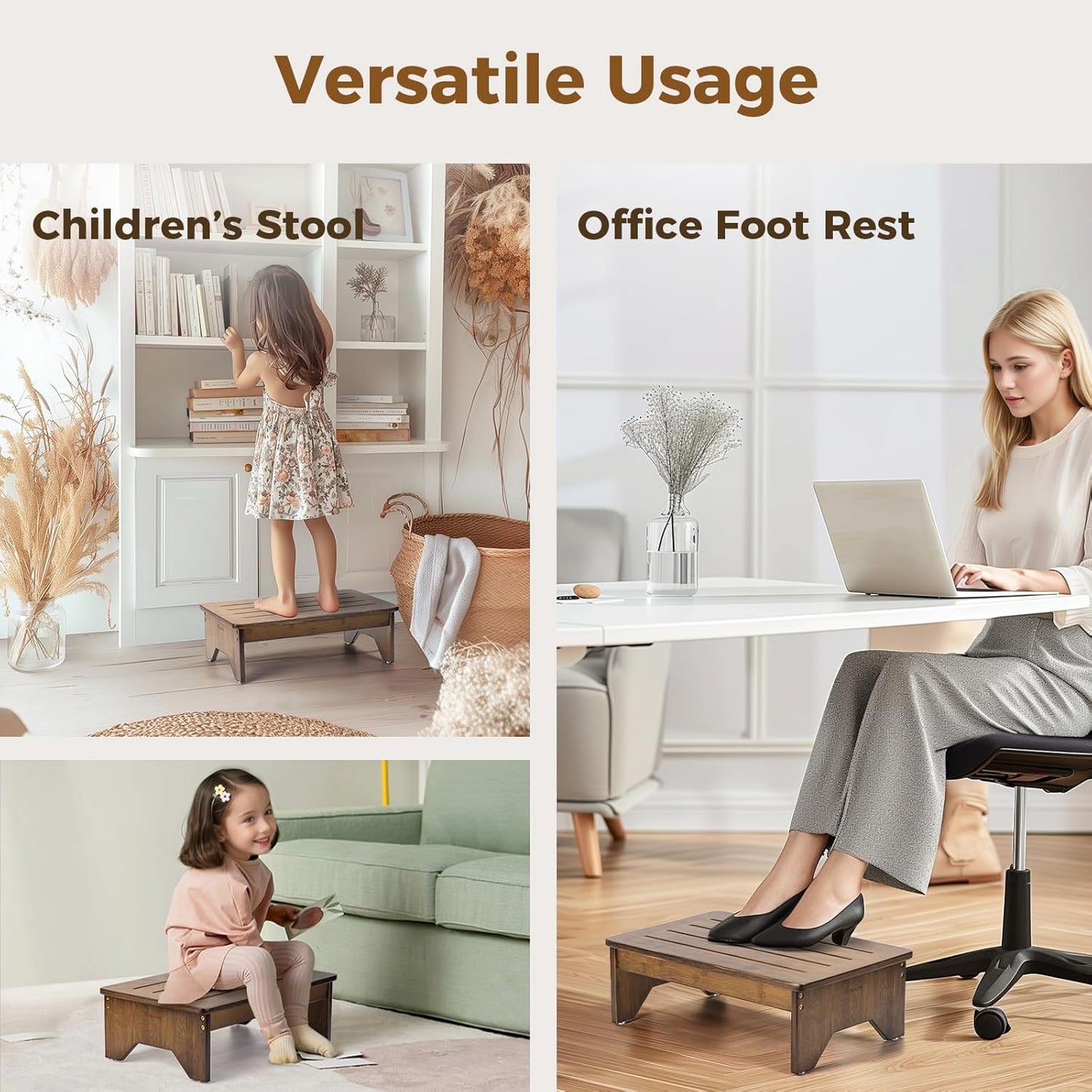 StrongTek Bamboo Step Stool, Wooden Step with Non-Slip Bottom for Safety, Lightweight and Sturdy Footstool for Kitchen, Bedroom, Living Room, Perfect for Adults, Kids, Seniors, and Toddlers (Extended)