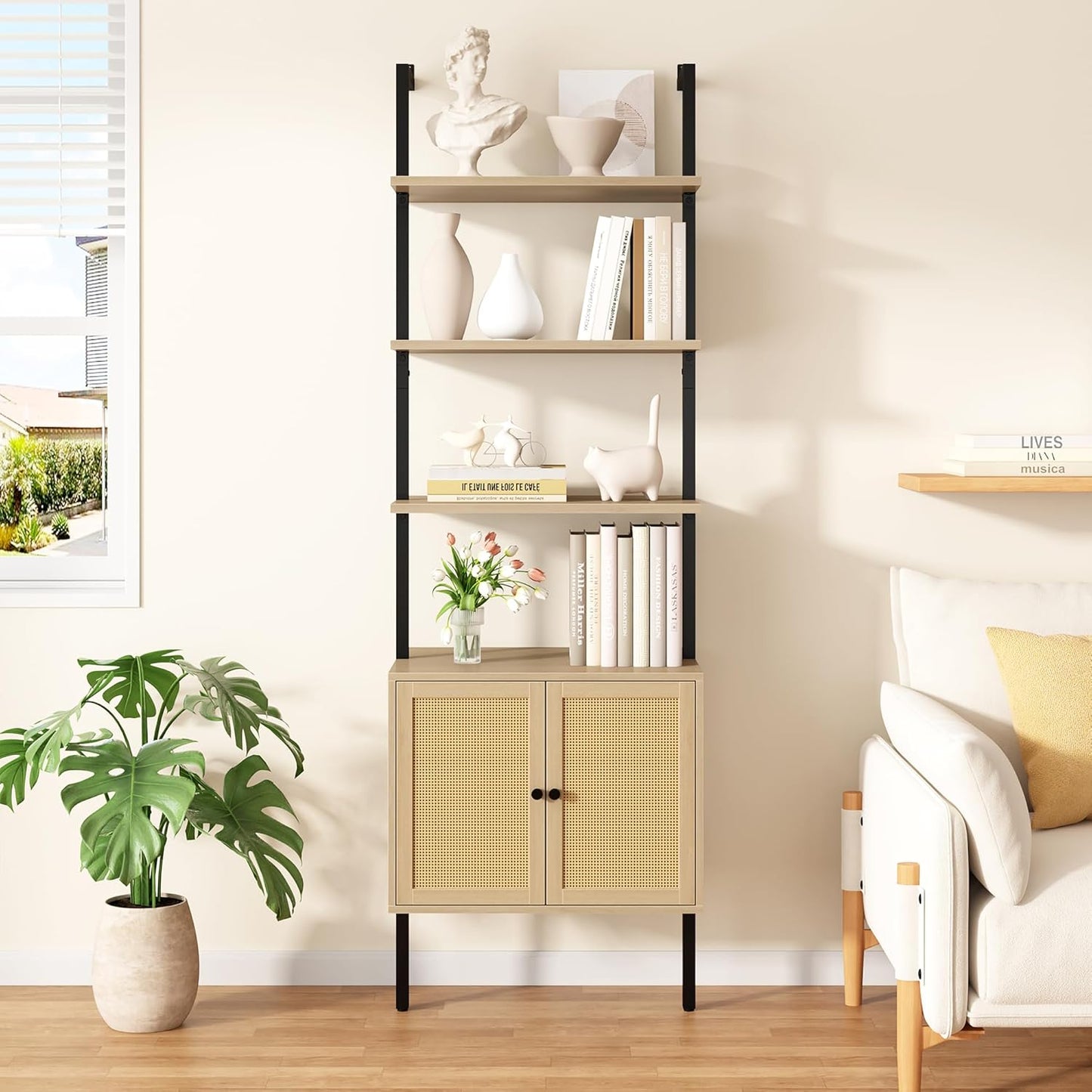 Yusong 73" Tall Bookshelf with Cabinet, Industrial Ladder Wall Mount Shelf Rattan Bookcase with Wood and Metal Frame, Plant Shelf Wall Storage Display for Living Room Bedroom,Light Ivory Brown