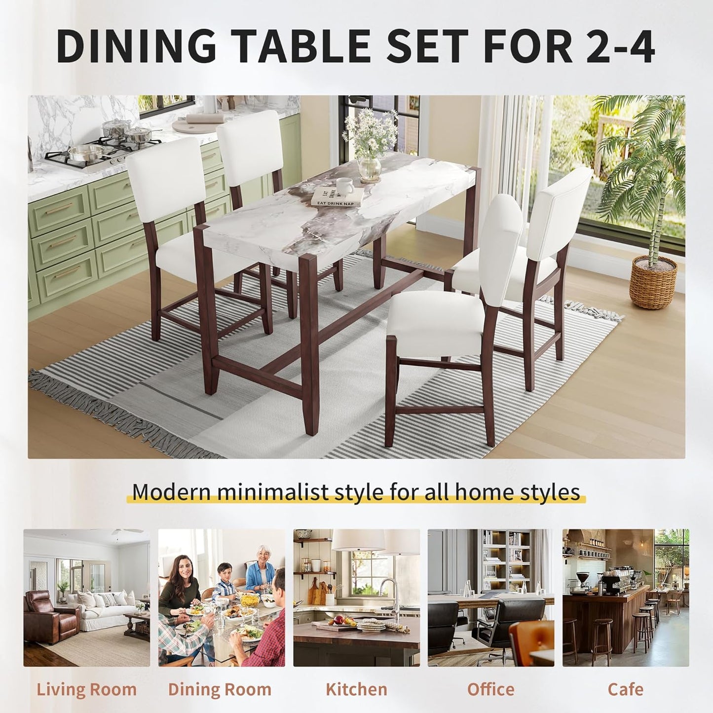 Ball & Cast 5-Piece Dining Table Set for 4,Kitchen Table Set W/Faux Marble Bar Table,Counter Height Living Room Furniture W/ 4 Upholstered Chairs,for Dining Room,Pub Kitchen,Small Place,Beige+White