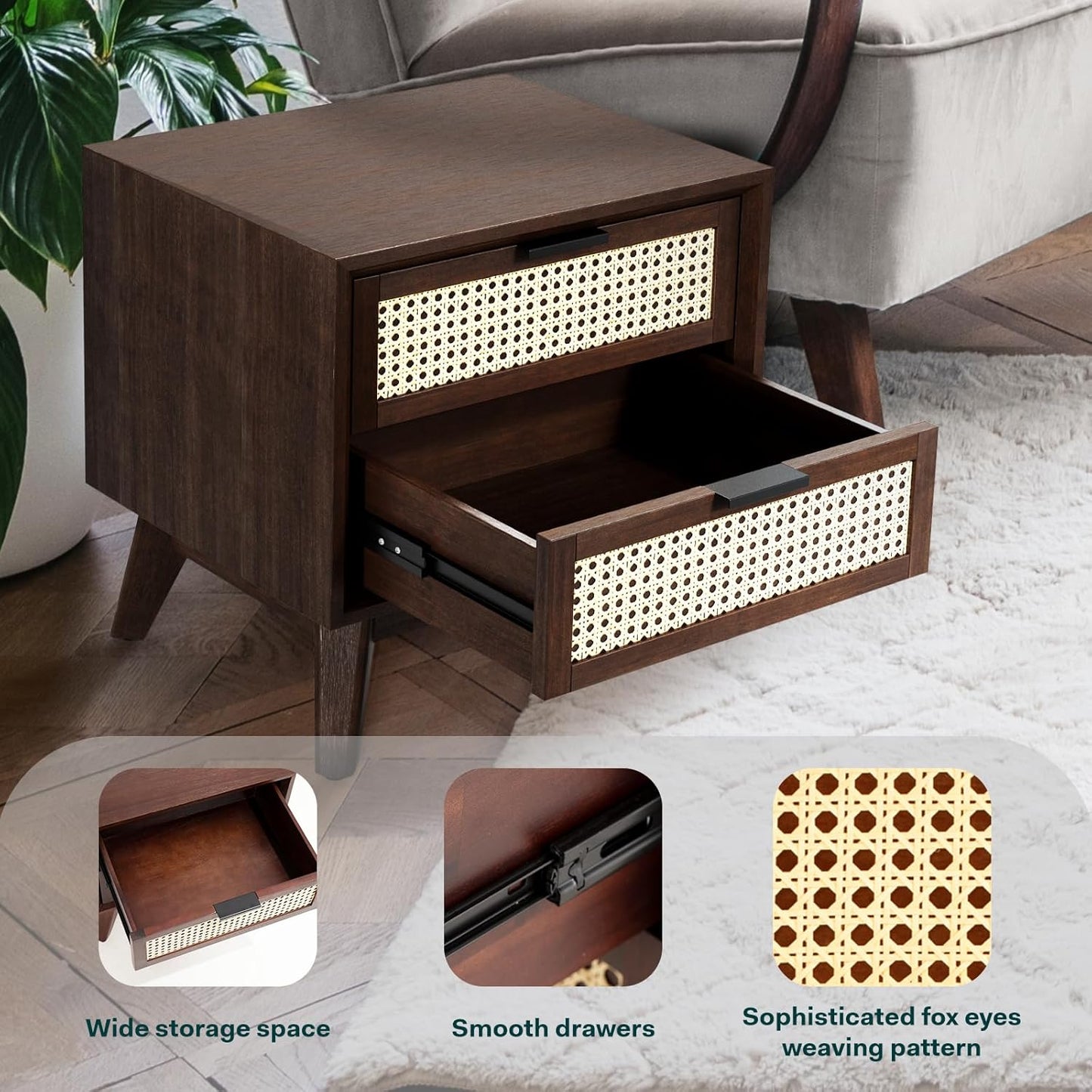 Bme Jasper Deluxe Solid Wood Rattan Nightstand Fully Assembled-Mid Century Modern Side Table with 2 Drawers-Multipurpose use for Living Room, Bedroom-Walnut
