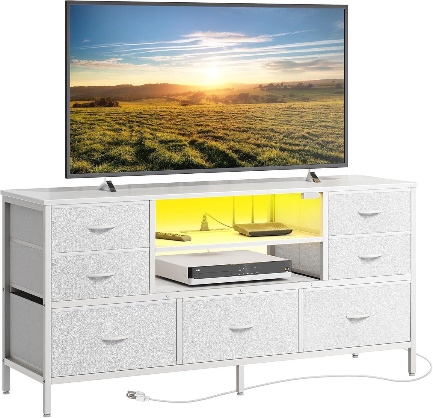 Huuger Dresser for Bedroom With Power Outlets and LED Lights, 7 Drawers TV Stand for 55 Inch TV, 47 Inches TV Console With Open Shelf, Wide White PU Leather