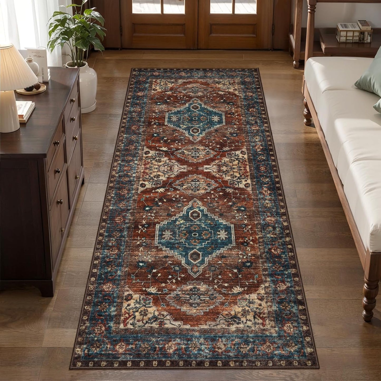 Tangsoo 2x6 Washable Runner Rug for Hallways, Non Slip Vintage Runner Rug, Soft Low Pile Long Rug Runner, Print Distressed Carpet Runners for Kitchen Bedroom Entryway Bathroom Living Room Rust