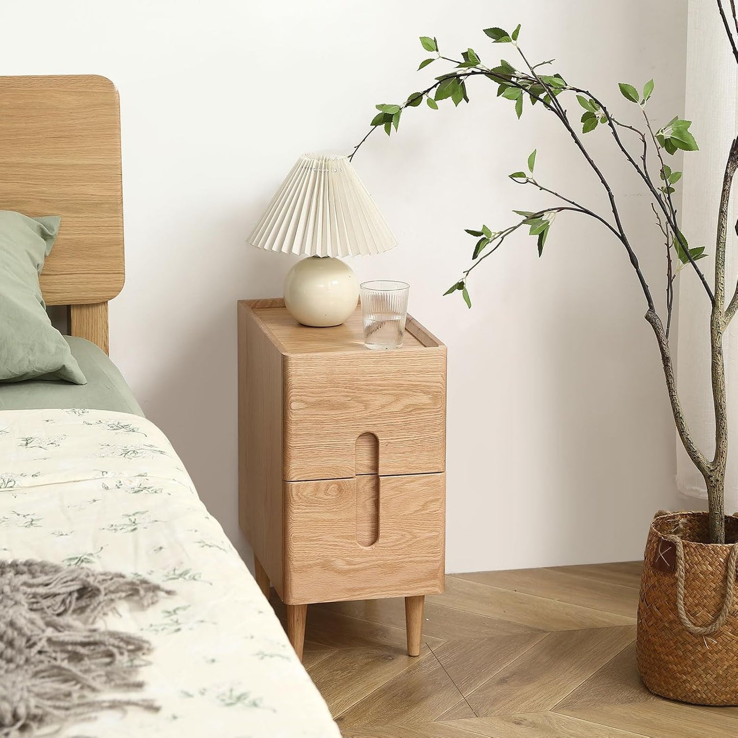 Solid Wood Bedside Table Nightstands, Slim Narrow Oak Real Wooden Mid-Century Modern End Table with Drawers Luxury Side Table Durable Cabinet Organizer Furniture, Natural Color 9.84in Wide