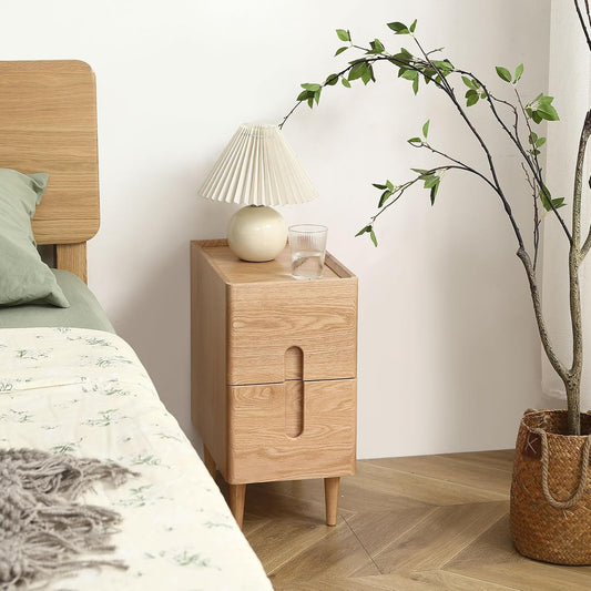 Solid Wood Bedside Table Nightstands, Slim Narrow Oak Real Wooden Mid-Century Modern End Table with Drawers Luxury Side Table Durable Cabinet Organizer Furniture, Natural Color 9.84in Wide