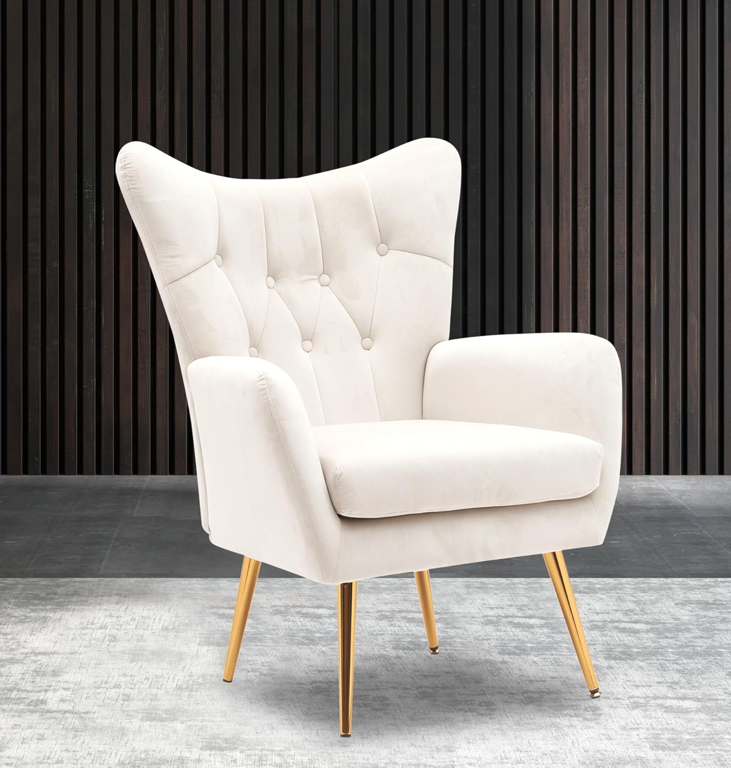 Container Furniture Direct Modern Chic Mid-Century Velvet Accent Armchair for Living Room, Bedroom, or Home Office, Button-Tufted Wingback Design with Gold Flared Legs, Ivory
