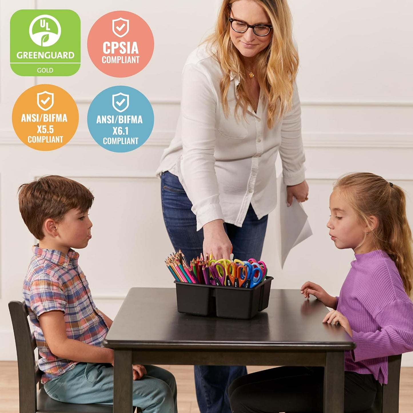 ECR4Kids 24in x 36in Rectangular Hardwood Table and Chair Set, 12in Seat Height, Kids Furniture, Grey Wash