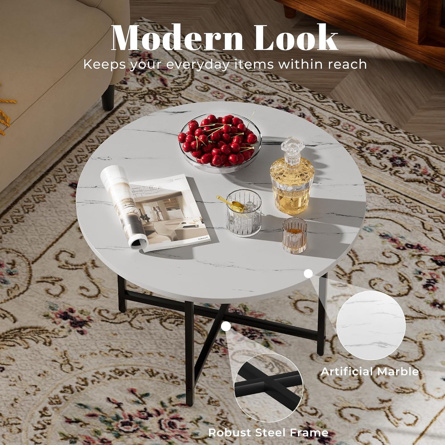 Round Coffee Table, Small Coffee Tables for Living Room, Low Wood Coffee Table with Metal Frame, Floor Table Desk for Sitting on The Floor, Home, Office, Rustic Brown (23.6" D x 17.7" H)