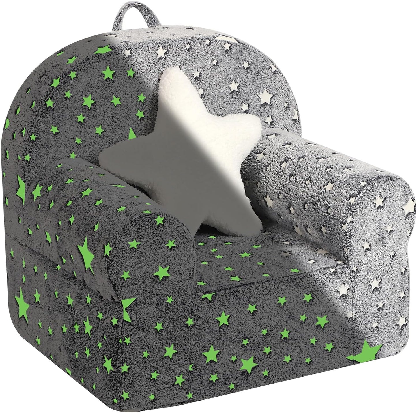 Little Star Kids Sofa with Star Throw Pillow, High Back Toddler Chair Glow in The Dark for Boys and Girls, Grey