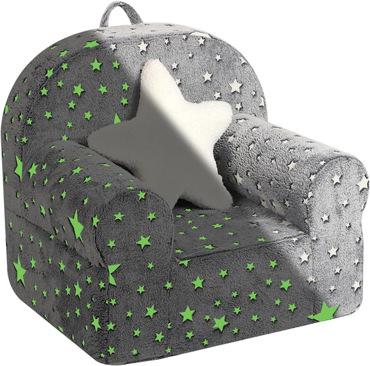Little Star Kids Sofa with Star Throw Pillow, High Back Toddler Chair Glow in The Dark for Boys and Girls, Grey