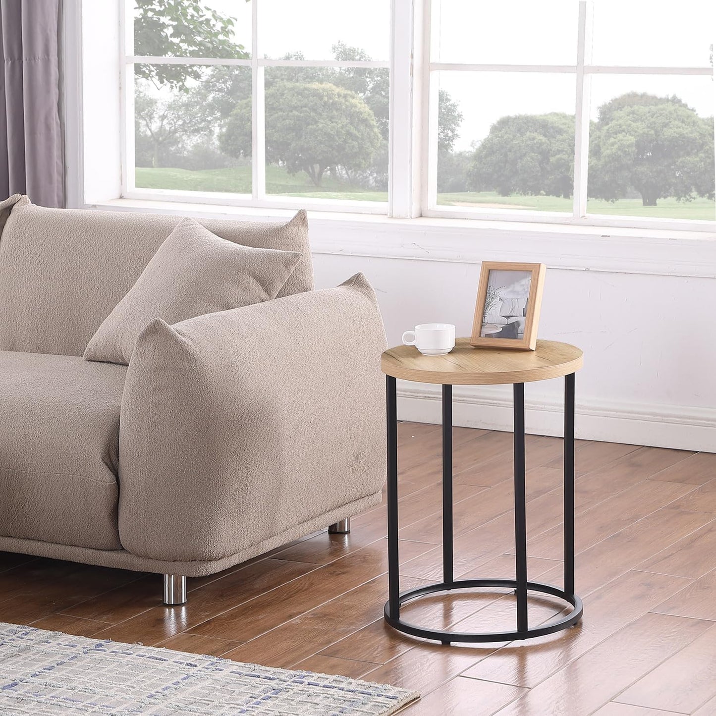 CENSI 16-Inch Natural Oak Round Accent End Table Side Table for Living Room, Mid-Century Modern Nightstand for Bedroom, Plant Stand, Wood and Metal