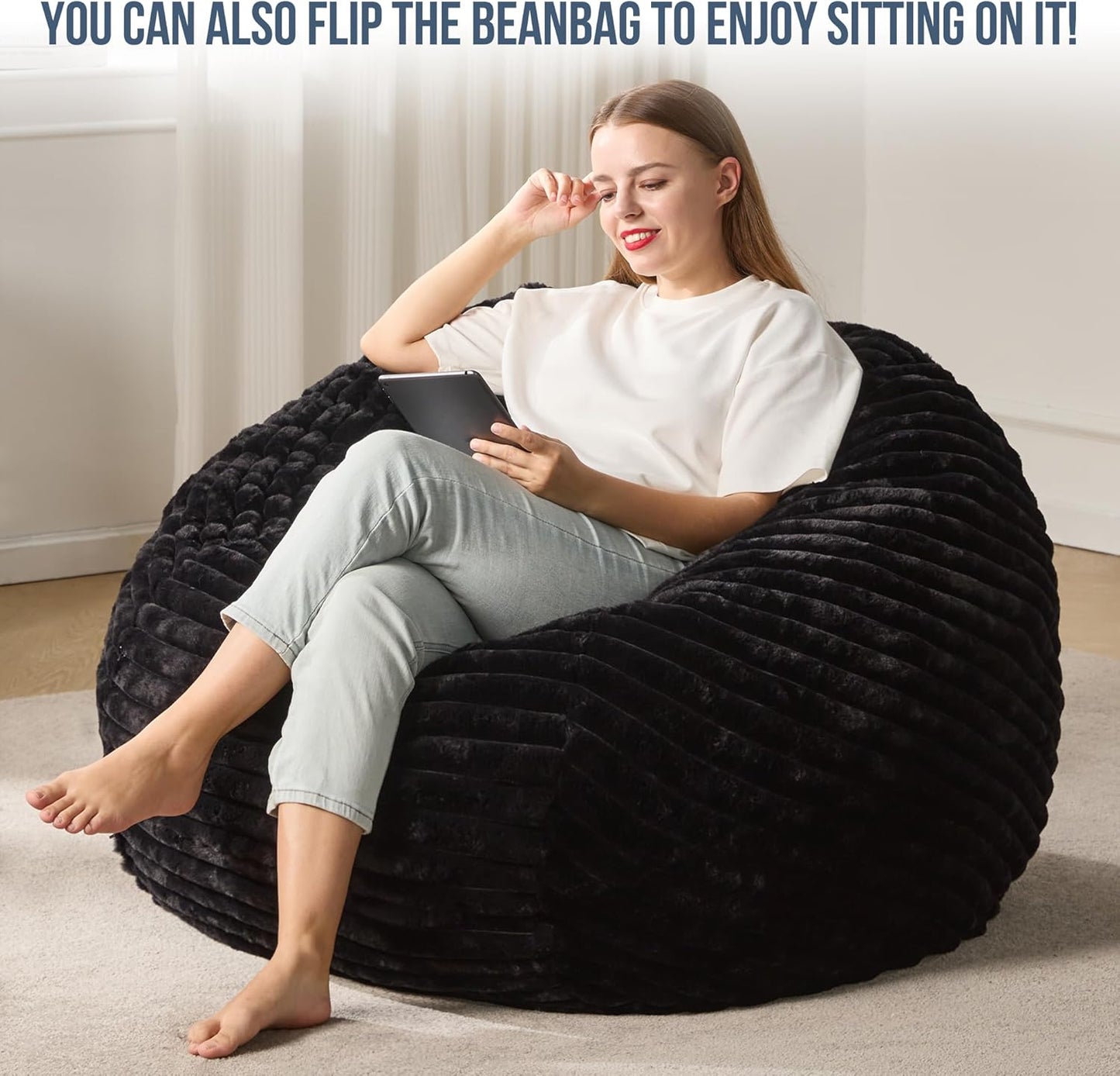 Hobestluk 4ft Bean Bag Chairs for Adults Large Beanbag Chair with Dutch Corded Plush Cover Big Bean Bag Chair for Living Room Bedroom Dorm Office - Black (44" x 44" x 24")