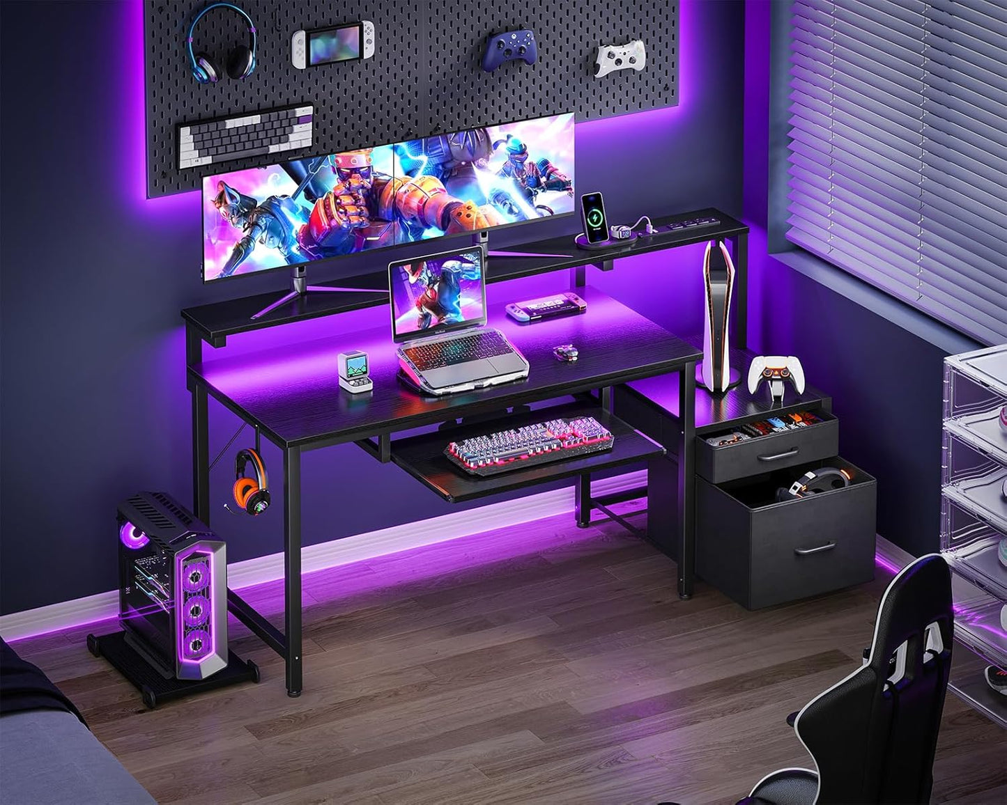 AODK Computer Desk with Drawers and Keyboard Tray, 55" Office Desk with Power Outlet and LED Lights, Reversible Study Work Desk with Printer Shelf and PC Stand for Home Office, Black