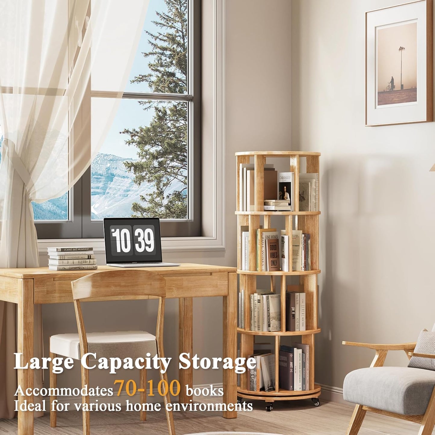 4 Tier Rotating Bookshelf Tower, 360 Spinning Bookcase Carousel with Lockable Wheels, Round Lazy Susan Organizer for Corner Bookshelf, Solid Wood Revolving Bookcase for Kids Room, Bedroom, Living Room