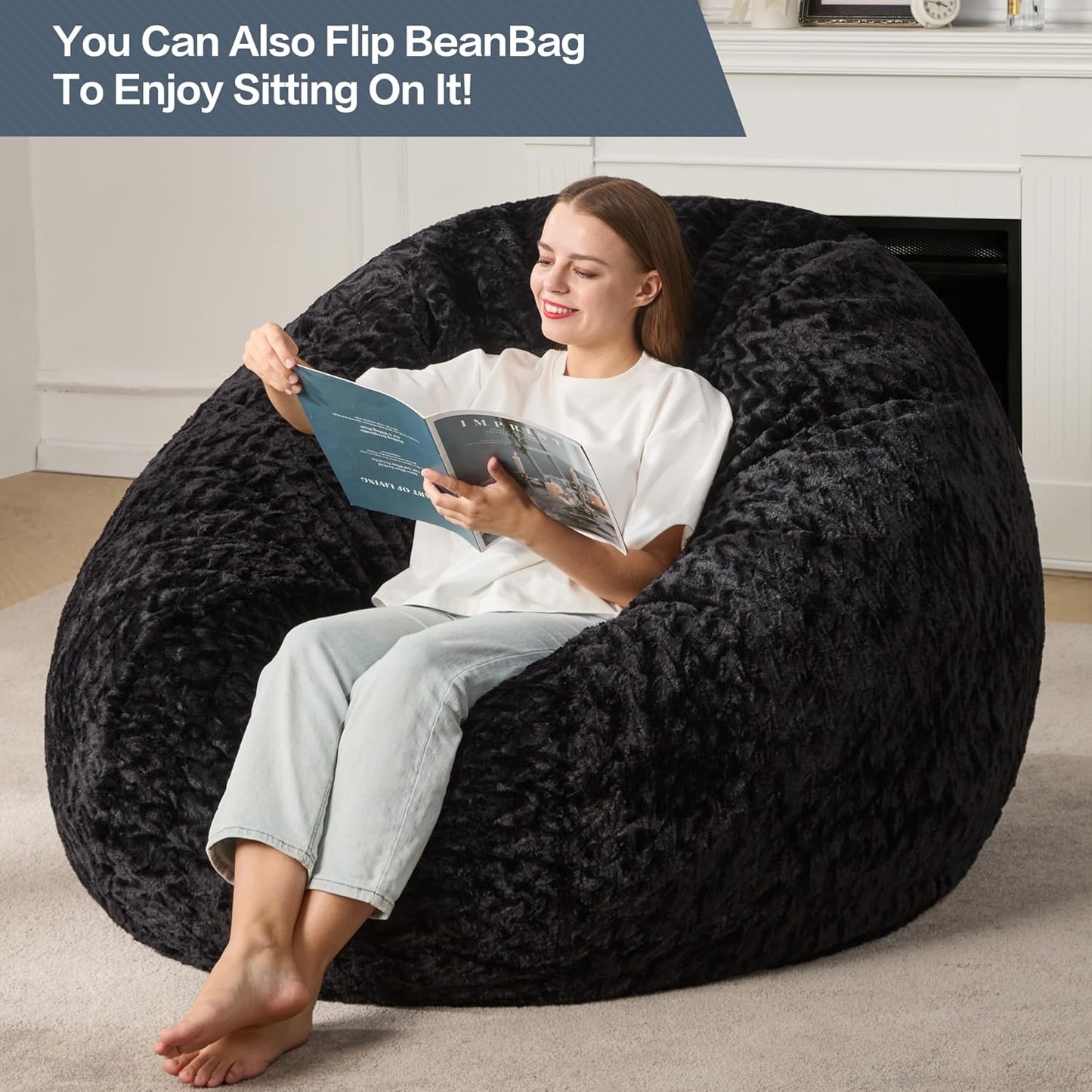 Hobestluk 5ft Bean Bag Chairs for Adults Large Beanbag Chair with Chevron Plush Fur Cover Big Bean Bag Chair for Living Room Bedroom Dorm Office - Black (50” x 50” x 24”)