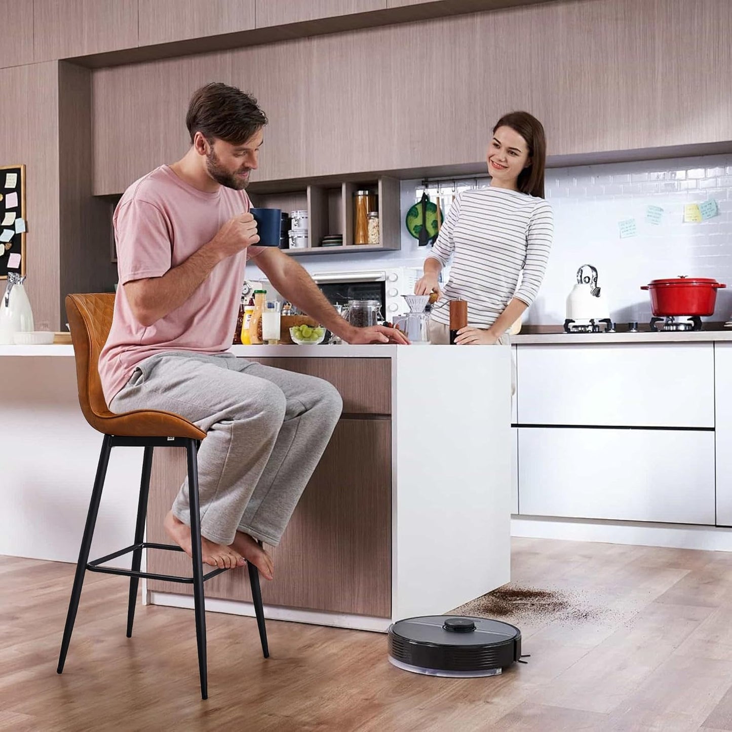 VECELO Quilted Bar Stools Set of 2, Bar Height Bar Stools with Back & Footrest, PU Leather with Stitching, Mid-Century Modern, 100% Virgin Cotton, 30" Tall, for Kitchen Home Bar, Caramel Brown